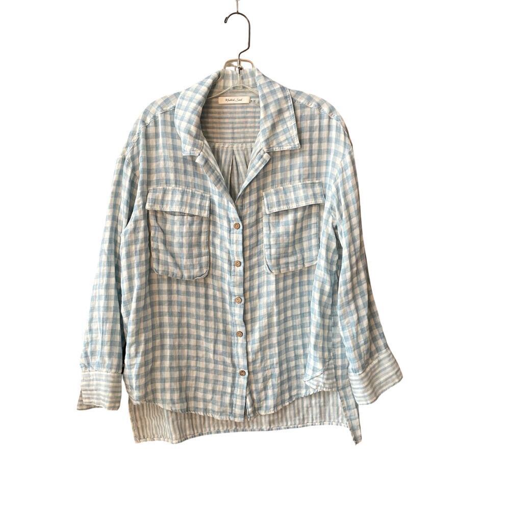 Mustard Seed Boutique Style Button Down Gingham Plaid Top Medium Blue White
